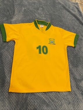 Kids Brazil Soccer Jersey - Yellow with Green Trim, Number 10